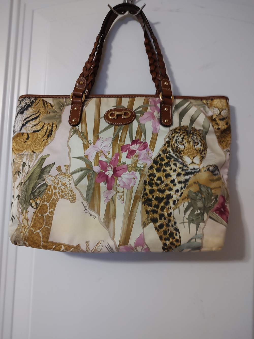 This  Salvatore Ferragamo Tropical Safari Printed Satchel in Cream, Brown, Pink